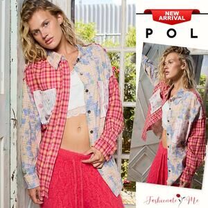 POL Patchwork Plaid Pattern Long Sleeves Contrast Pockets Button-Up Shirt | Pink